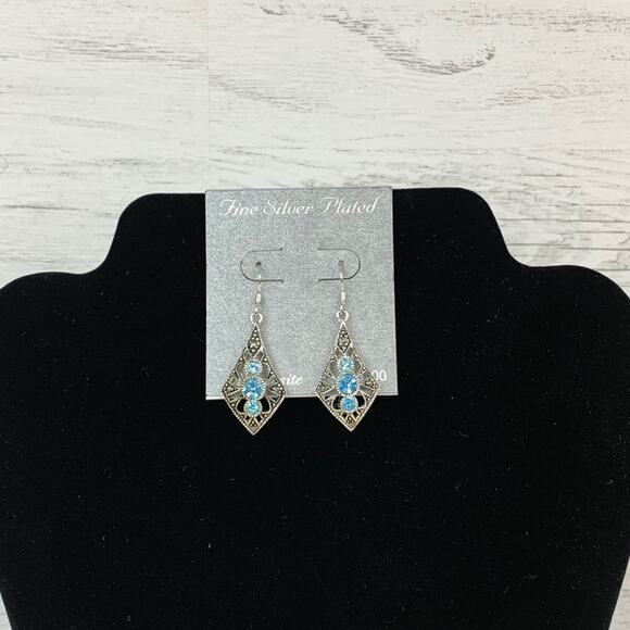 Marcasite and Blue Stone Earrings - Picture 2 of 4